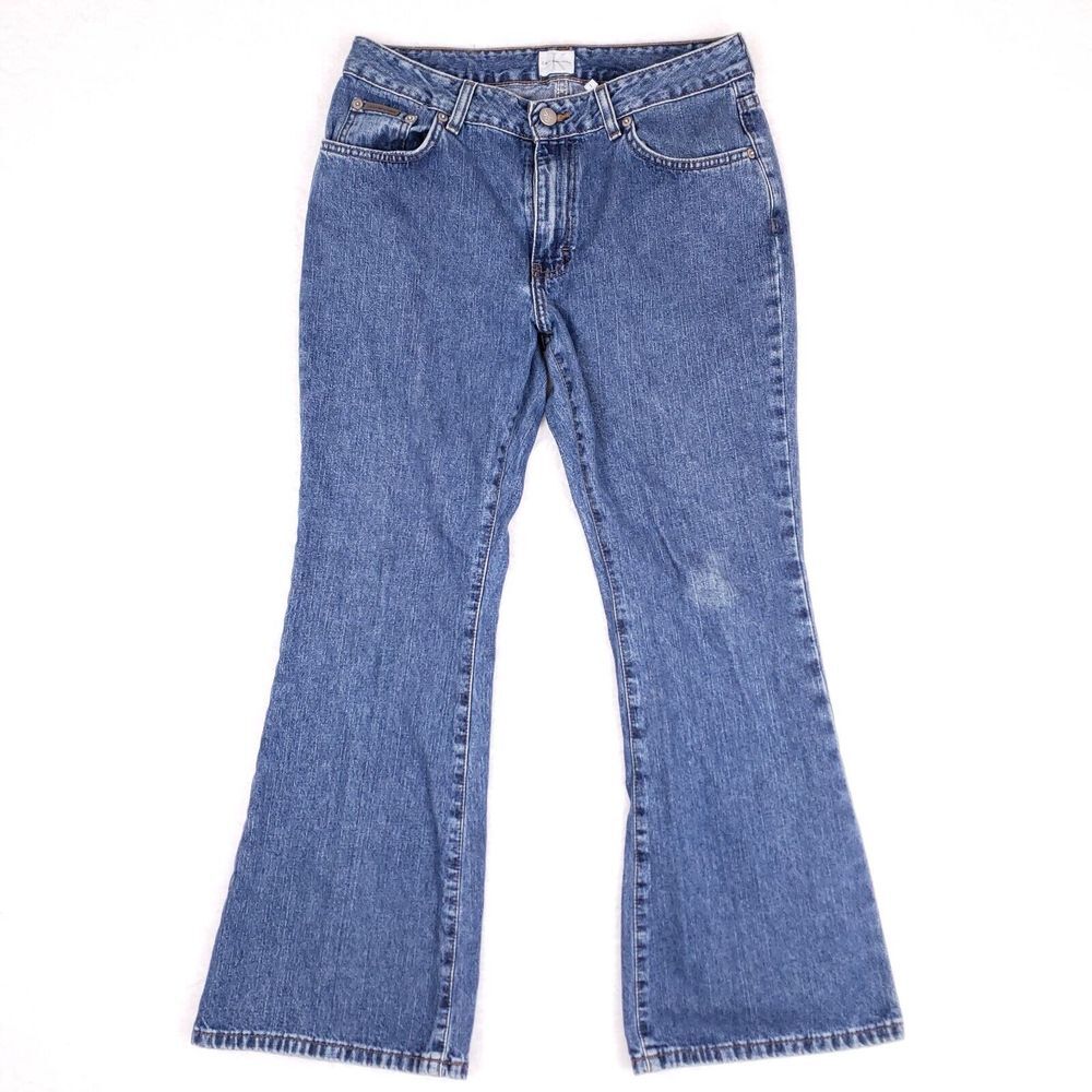 Calvin Klein Flare Leg Jeans Womens 29x28 Size 7 Blue Y2K Streetwear 100% Cotton
